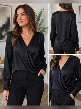 NWT Worthington Women’s Size Large Black Satin Faux Wrap Long Sleeve Blouse